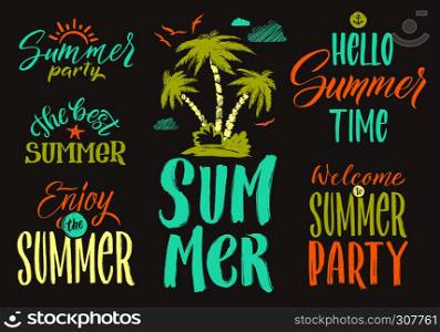 Handwriting vector words set for summer postcard decoration. Vintage illustrations. Lettering text hello summer and summer time party. Handwriting vector words set for summer postcard decoration. Vintage illustrations. Holiday and beach
