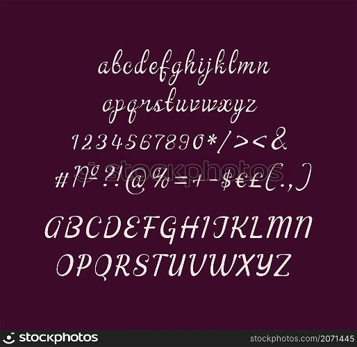 Handwritten alphabet set for dark theme. Vector decorative typography. Decorative typeset style. Latin script for headers. Trendy letters and numbers for graphic posters, banners, invitations texts. Handwritten alphabet set for dark theme