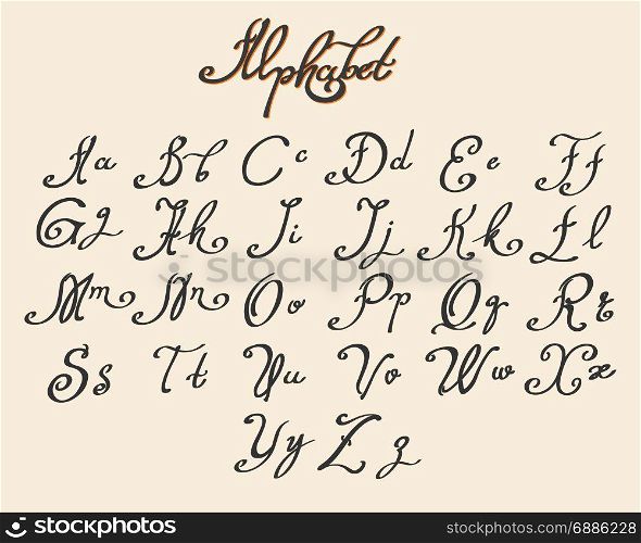 Handwritten calligraphy font drawn in ink style. Vector illustration