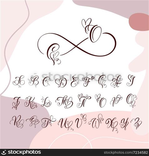 Handwritten heart calligraphy monogram alphabet. Valentine Cursive font with flourishes heart font. Cute Isolated letters. For postcard or poster decorative graphic design.. Handwritten heart calligraphy monogram alphabet. Valentine Cursive font with flourishes heart font. Cute Isolated letters. For postcard or poster decorative graphic design