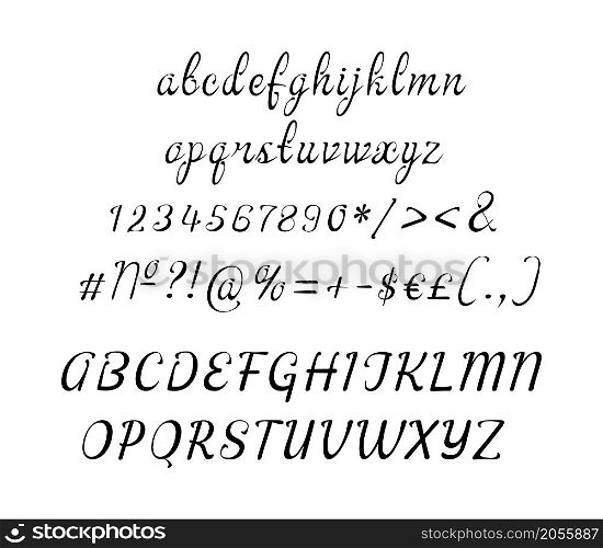 Handwritten italic alphabet set. Vector decorative typography. Decorative typeset style. Latin script for headers. Trendy letters and numbers for graphic posters, banners, invitations texts. Handwritten italic alphabet set
