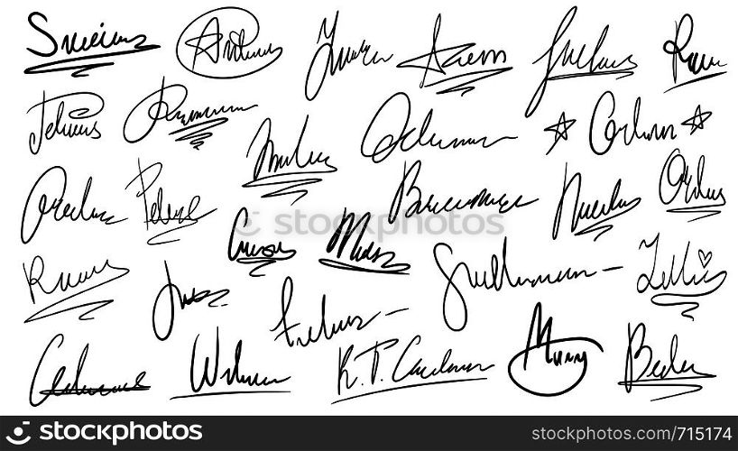 Handwritten signature. Manual signatures, manuscript sign for documents and hand drawn autograph lettering. Unique text on official document paper, ink surname isolated vector symbols set. Handwritten signature. Manual signatures, manuscript sign for documents and hand drawn autograph lettering isolated vector set