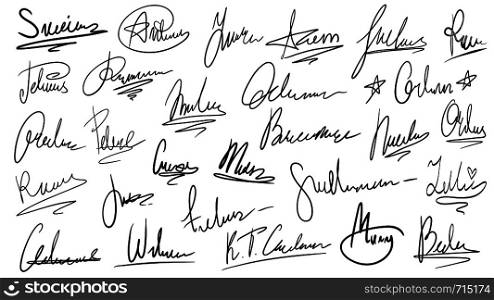 Handwritten signature. Manual signatures, manuscript sign for documents and hand drawn autograph lettering. Unique text on official document paper, ink surname isolated vector symbols set. Handwritten signature. Manual signatures, manuscript sign for documents and hand drawn autograph lettering isolated vector set