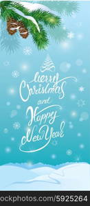 Handwritten text Merry Christmas and happy New Year, holidays vertical banner or card with forest on light blue background in winter time.