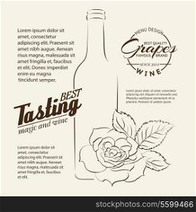 Handwritten wine tasting sign with rose and bottle isolated over white. Vector illustration.