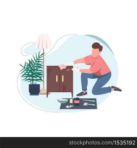 Handyman flat color vector faceless character. Fix cabinet. Restore drawer. Repair service. Creative hobby. Furniture renovation isolated cartoon illustration for web graphic design and animation. Handyman flat color vector faceless character