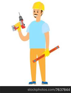 Handyman holding drill and ruler, smiling repairman wearing helmet and gloves, man standing with building electrical equipment, repair industry vector. Repairman Standing with Drill and Ruler Vector