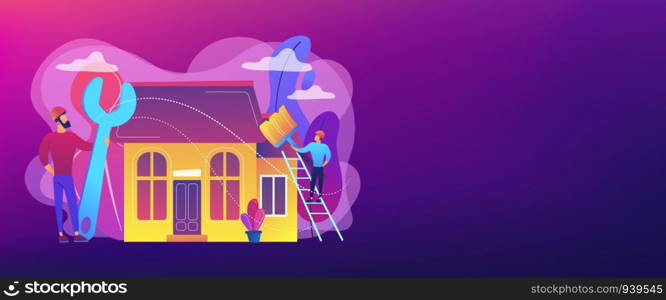 Handyman with big wrench repairing house and painting with paintbrush. DIY repair, do it yourself service, self-service learning concept. Header or footer banner template with copy space.. DIY repair concept banner header.