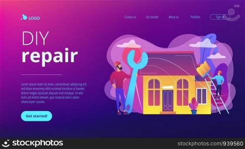 Handyman with big wrench repairing house and painting with paintbrush. DIY repair, do it yourself service, self-service learning concept. Website vibrant violet landing web page template.. DIY repair concept landing page.