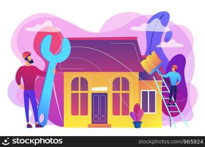 Handyman with big wrench repairing house and painting with paintbrush. DIY repair, do it yourself service, self-service learning concept. Bright vibrant violet vector isolated illustration. DIY repair concept vector illustration.