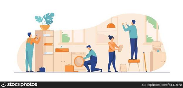 Handyman working at customer home. Repair man fixing washing machine, hammering nails. Vector illustration for housekeeping, household, service concept