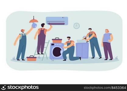 Handymen repairing clients home appliance. Service man end electrician fixing washing machine, air conditioner, plumbing equipment. Vector illustration for domestic work, maintenance concept
