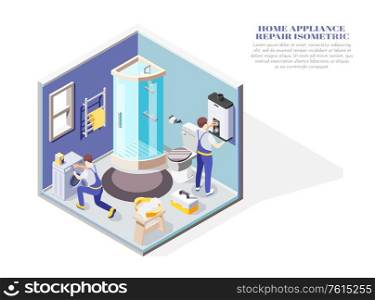 Handymen repairing electric home appliances in bathroom isometric composition 3d vector illustration