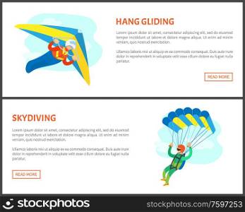 Hang gliding and skydiving posters, man in suit and helmet making jumps with parachute. Parachutists involved in dangerous activity, freedom flying vector. Website or webpage template, landing page. Dangerous Activity, Jumping with Parachute Vector