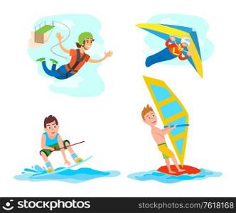 Hang gliding and windsurfing vector, set of people with hobbies, woman with rope jumping from bridge, bungee jump, skydiving and water sports summer. Water Fun Extreme Sports Set, Windsurfing Gliding