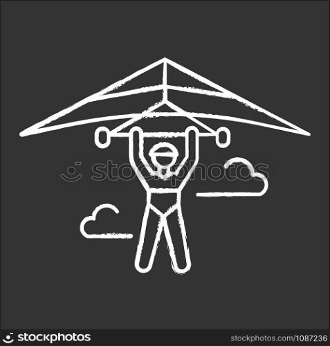 Hang gliding chalk icon. Hangglider pilot flying. Extreme air sport. Skydiving stunt. Adrenaline flights in sky. Paragliding trick. Isolated vector chalkboard illustration
