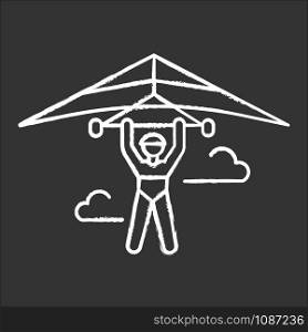 Hang gliding chalk icon. Hangglider pilot flying. Extreme air sport. Skydiving stunt. Adrenaline flights in sky. Paragliding trick. Isolated vector chalkboard illustration