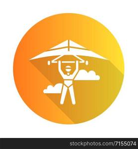 Hang gliding flat design long shadow glyph icon. Hangglider pilot flying. Extreme air sport. Skydiving stunt. Adrenaline flights in sky. Paragliding trick. Vector silhouette illustration