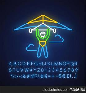 Hang gliding neon light icon. Hangglider pilot flying. Extreme air sport. Skydiving stunt. Adrenaline flights in sky. Paragliding trick. Glowing alphabet, numbers. Vector isolated illustration