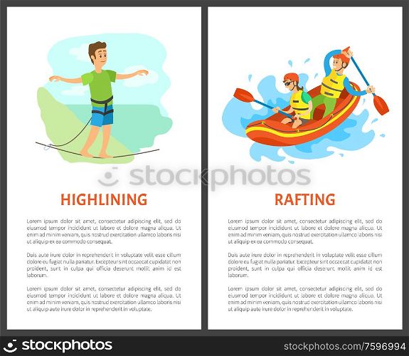 Hang lining and rafting poster, extreme sports. Man going by line and people in helmet sitting in boat, balance and water transport, rescue vector. Extreme Sport, Hag Lining and Rafting Sport Vector