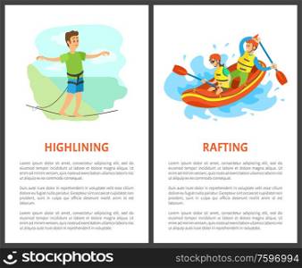Hang lining and rafting poster, extreme sports. Man going by line and people in helmet sitting in boat, balance and water transport, rescue vector. Extreme Sport, Hag Lining and Rafting Sport Vector