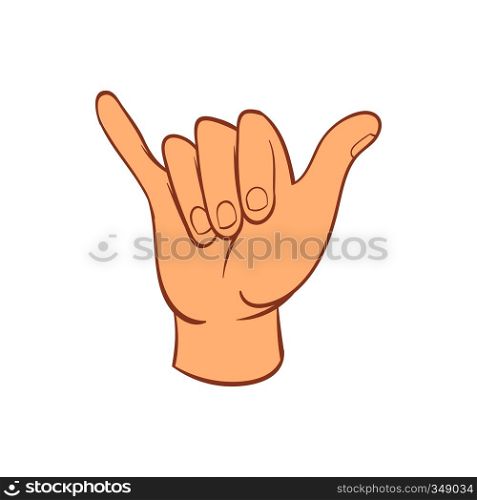 Hang loose hand gesture icon in cartoon style on a white background. Hang loose hand gesture icon, cartoon style