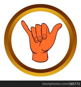 Hang loose hand gesture vector icon in golden circle, cartoon style isolated on white background. Hang loose hand gesture vector icon, cartoon style