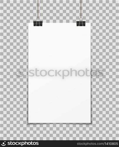 Hang poster. a3, a4 mockup on wall. Blank paper with clamp. White banner and background for presentation, notice. Empty page with shadow. Template of showcase, frame, flyer, gallery, billboard. Vector. Hang poster. a3, a4 mockup on wall. Blank paper with clamp. White banner, background for presentation, notice. Empty page with shadow. Template of showcase, frame, flyer, gallery, billboard. Vector.