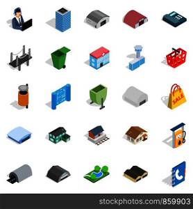 Hangar icons set. Isometric set of 25 hangar vector icons for web isolated on white background. Hangar icons set, isometric style