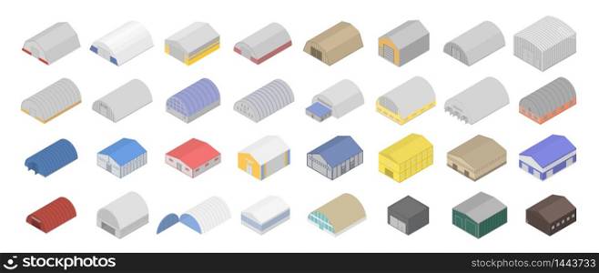 Hangar icons set. Isometric set of hangar vector icons for web design isolated on white background. Hangar icons set, isometric style
