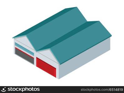 Hangars Vector Icon In Isometric Projection. Hangars icon. Two hangars, garages or warehouses with rolling gates vector illustration in isometric projection isolated on white background. For apps, infographics, game environment, web design. Hangars Vector Icon In Isometric Projection