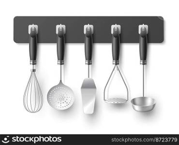 Hanged kitchen utensils. Realistic steel cooking tools, 3d isolated metal equipments, cutlery mockup, metal skimmer, whisk and spatula, home and cafe kitchenware composition, utter vector concept. Hanged kitchen utensils. Realistic steel cooking tools, 3d isolated metal equipments, cutlery mockup, metal skimmer, whisk and spatula, home and cafe kitchenware, utter vector concept