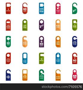 Hanger tags door card hotel icons set. Flat illustration of 25 hanger tags door card hotel vector icons for web. Hanger tags door card hotel icons set, flat style