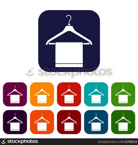 Hanger with cloth icons set vector illustration in flat style in colors red, blue, green, and other. Hanger with cloth icons set