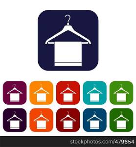 Hanger with cloth icons set vector illustration in flat style in colors red, blue, green, and other. Hanger with cloth icons set