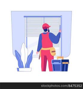 Hanging blinds isolated concept vector illustration. Repairman setting a hanging blinds on window in a bedroom, private house building, professional handyman, interior works vector concept.. Hanging blinds isolated concept vector illustration.