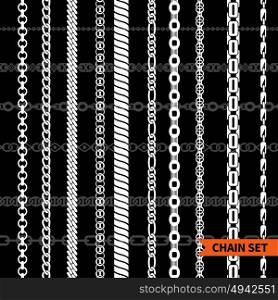 Hanging Chains Set. White hanging chains set of various construction on black background isolated vector illustration