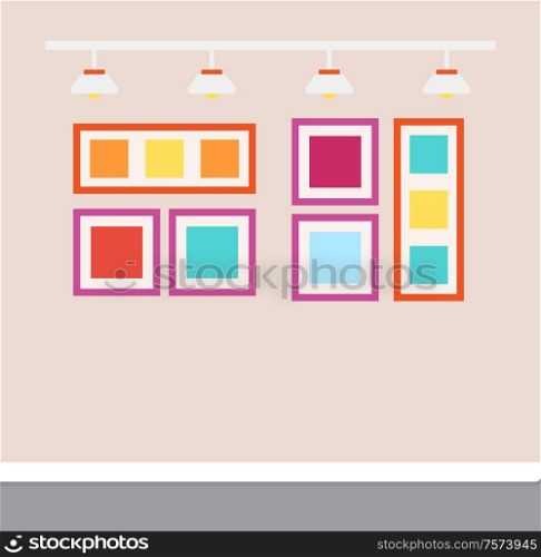 Hanging colorful pictures on pink wall, white lightbulbs. Flat design interior of place, decoration of estate, horizontal view of empty room vector. Interior of Room, Lightbulbs and Pictures Vector