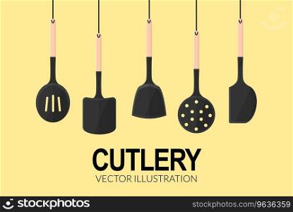 Hanging cutlery tools kitchen set flat design Vector Image