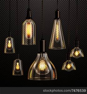 Hanging deco glass lamps with glowing filament antique led light bulbs realistic dark transparent set vector illustration