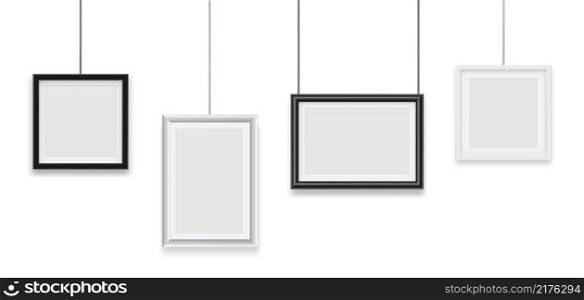 Hanging frames. Blank photo frame, image or picture framing. Empty realistic white black vector templates. Blank empty photo, gallery exhibition illustration. Hanging frames. Blank photo frame, image or picture framing. Empty realistic white black vector templates