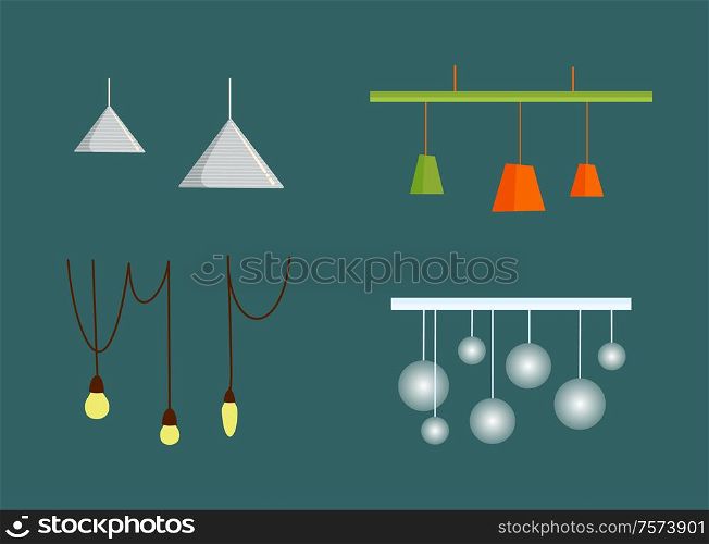 Hanging from ceiling lamps with wire, triangle and round chandelier, colorful glowing lightbulbs, electric equipment. Flat design electrolier vector. Hanging from Ceiling Lamps with Wire Flat Vector