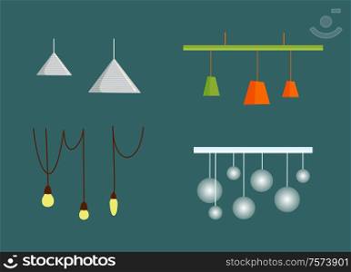 Hanging from ceiling lamps with wire, triangle and round chandelier, colorful glowing lightbulbs, electric equipment. Flat design electrolier vector. Hanging from Ceiling Lamps with Wire Flat Vector