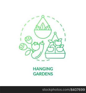 Hanging gardens green gradient concept icon. Suspended baskets for planting. Gardening method abstract idea thin line illustration. Isolated outline drawing. Myriad Pro-Bold font used. Hanging gardens green gradient concept icon