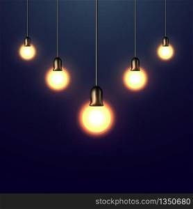 Hanging light bulbs Realistic with glowing light on blue background. Vector illustration