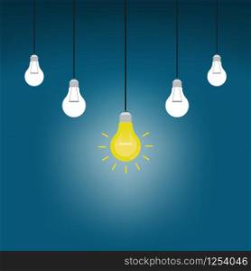Hanging light bulbs with one glowing on a dark blue background, Success concept, Leadership, Vector illustration flat design