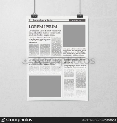 Hanging Newspaper Concept. Newspaper sheet hanging on clips black and white minimalistic 3d realistic concept vector illustration