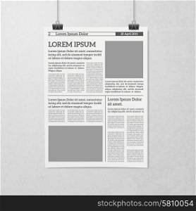 Hanging Newspaper Concept. Newspaper sheet hanging on clips black and white minimalistic 3d realistic concept vector illustration