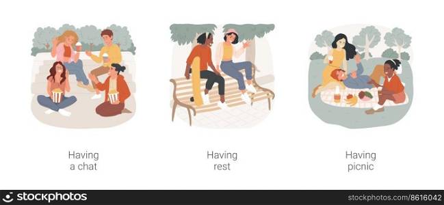 Hanging out in the park isolated cartoon vector illustration set. Teens snacking and chatting, teenage couple having rest with skateboard, picnic in the park, sitting on the grass vector cartoon.. Hanging out in the park isolated cartoon vector illustration set.