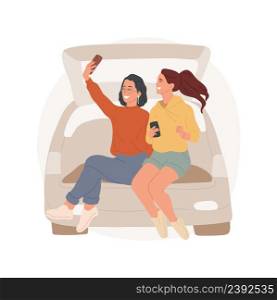 Hanging out on a parking lot isolated cartoon vector illustration. Girls sitting in trunk, hanging out and taking selfie, teens leisure time, women having fun, outdoor activity vector cartoon.. Hanging out on a parking lot isolated cartoon vector illustration.